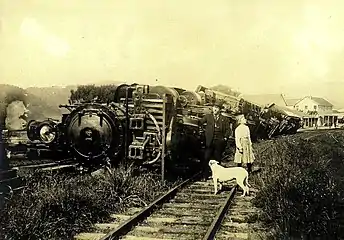 This locomotive was derailed by the 1906 San Francisco earthquake. The locomotive had three link and pin coupler pockets for moving standard and narrow gauge cars.