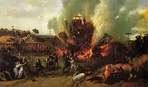 Survivors stagger away from crumpled railway carriages burning in the background of the painting