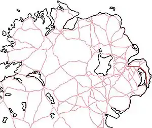 The route of the A20 in red from Belfast city centre (County Antrim) to Portaferry (County Down)