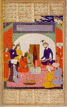 Indian ambassador, probably sent by the Maukhari King Śarvavarman of Kannauj, introducing chess to the Persian court of Khosrow I.