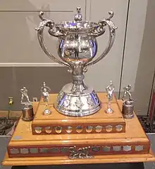 Silver bowl with three handles atop of a two-tiered wooden base with name plates