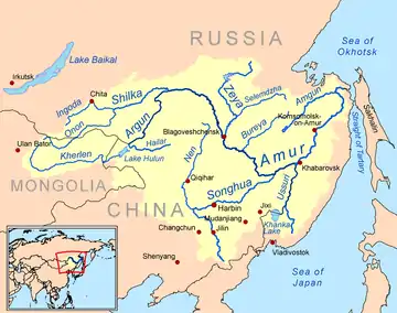 Drainage basin of the Amur River, also showing the island of Sakhalin in the east