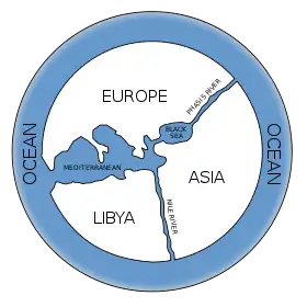 Hypothetical reconstruction of the world map of Anaximander (610–546 BC)