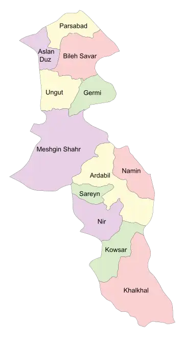 Location of Ungut County in Ardabil province (top left, yellow)