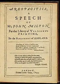 Image 20First page of John Milton's 1644 edition of Areopagitica (from Freedom of the press)