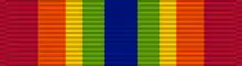 Width-44 ribbon with width-6 central ultramarine blue stripe, flanked by pairs of stripes that are respectively width-4 emerald, width-3 golden yellow, width-5 orange, and width-7 scarlet