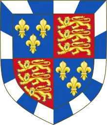 Quarterly: 1st and 4th: azure three fleur-de-lis Or; 2nd and 3rd: gules three leopards Or; overall a bordure compony argent and azure