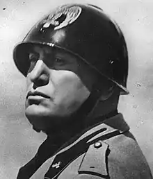 portrait of Benito Mussolini in a helmet and uniform