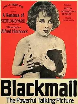 An advertisement for the movie Blackmail featuring a young woman in lingerie holding a garment over one arm looks toward camera. Surrounding text describes the film as "A Romance of Scotland Yard" and "The Powerful Talking Picture"