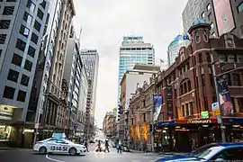 City buildings line a street