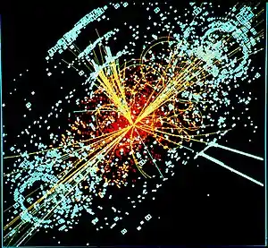 Image 27One possible signature of a Higgs boson from a simulated proton–proton collision. It decays almost immediately into two jets of hadrons and two electrons, visible as lines. (from History of science)