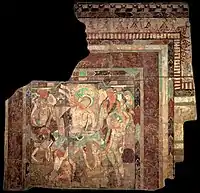 The mural, "Dance of princess Chandraprabha", with frames probably derived from Roman art of the 1st century CE. Treasure Cave C (Cave 83). MIK III 8443.