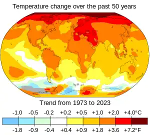 World map of temperature distribution shows the northern hemisphere was warmer than the southern hemisphere during the periods compared.