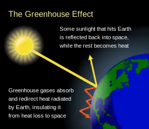 Image 37Greenhouse gases allow sunlight to pass through the atmosphere, heating the planet, but then absorb and redirect the infrared radiation (heat) the planet emits (from Carbon dioxide in Earth's atmosphere)