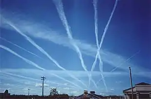 Image 25Water vapor contrails left by high-altitude jet airliners. These may contribute to cirrus cloud formation. (from Aviation)