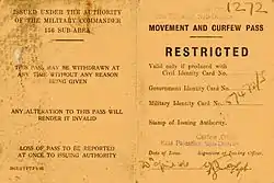 Movement and curfew pass, issued under the authority of the British Military Commander, East Palestine, 1946