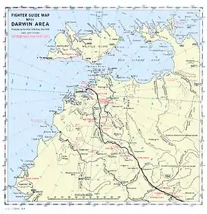 A map of the Darwin region showing the location of airstrips and other geographical features referred to in the article. Darwin and its RAAF and civil airstrips is in the centre of the map and the other airstrips referred to in the article are to the south-east of the town and are next to a road marked with a thick black line.