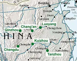 Map of eastern interior Chinese cities of Luoyang, Chang'an, Qinzhou, Chengdu, Kuizhou, and Tanzhou