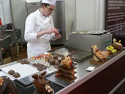 A chocolatier making chocolate eggs