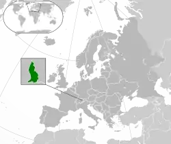 Location of Liechtenstein (green)in Europe (agate grey)  –  [Legend]