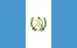 The flag of Guatemala, a charged vertical triband.