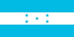 The flag of Honduras, a charged horizontal triband.