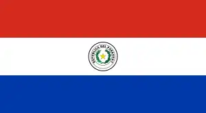 The flag of Paraguay, a charged horizontal triband.