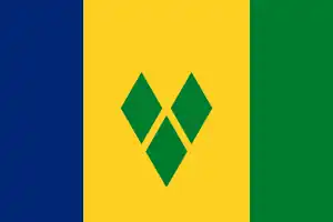 The flag of Saint Vincent and the Grenadines, a charged vertical triband.