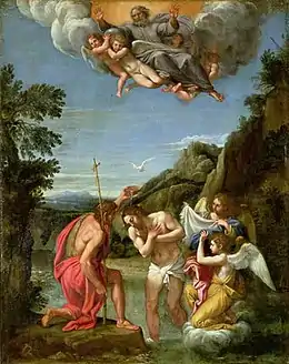 God the Father (top), and the Holy Spirit (represented by a dove) depicted above Jesus Painting by Francesco Albani (d. 1660)