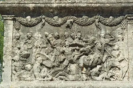 Relief of Romans in combat, Mausoleum of the Julii, Glanum (Saint-Rémy de Province), 35-25 BCE