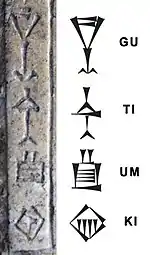 Mention of the Gutian dynasty of Sumer in the tablet (last column: 𒄖𒋾𒌝𒆠, gu-ti-umKI)