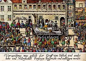 Image 59Beheading of 27 Bohemian nobles at the Old Town Square in Prague, 1621 (contemporary illustration) (from History of the Czech lands)