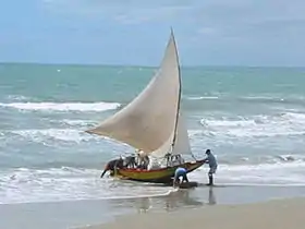 The elegant jangada on the coast off Mossoró in Brazil