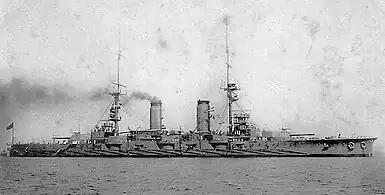 Large warship at rest on the sea