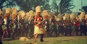 Tongan college students performing the kailao dance (1988)