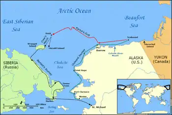 Section of the Arctic Ocean showing the Beaufort and Chukchi seas, with parts of the Siberian, Alaskan and Canadian coasts. Locations of Herschel, Wrangel and Herald Islands are indicated. Distinctive lines show (a) Karluk's outward voyage eastward around the northern Alaskan coast; (b) Karluk's drift westwards towards Siberia; (c) Crew marches to Wrangel and Herald Islands; (d) Bartlett's rescue journey to Alaska.