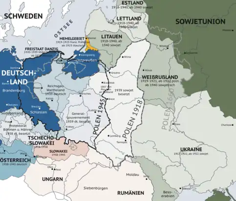 An illustration of the changing borders in Eastern Europe before, during, and after World War II (Map is written in German)