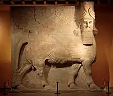 Initially depicted as a goddess in Sumerian times, when it was called Lamma, it was later depicted from Assyrian times as hybrid of a human, bird, and either a bull or lion under the name Lamassu. It appears frequently in Mesopotamian art and Iraqi art.