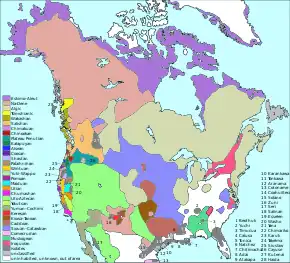 Colour-coded map of North America showing the distribution of North American language families north of Mexico