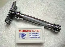 Merkur 38C & Double Edge Blades. An example of current Merkur DE safety razor design and double edge blade packaging.