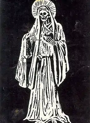 Art from a votive candle of Santa Muerte