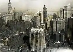 Photograph of the aerial view of Lower Manhattan in 1919 with the Singer Tower in the center