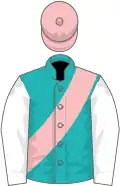 Emerald green, pink sash, white sleeves, pink cap