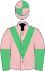 Pink, emerald green chevron, halved sleeves, emerald green and pink quartered cap