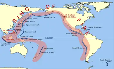 Image 32A Ring of Fire; the Pacific is ringed by many volcanoes and oceanic trenches. This map does not show the Cascadia Subduction Zone along part of the west coast of North America, whose trench is completely buried in sediments. (from Pacific Ocean)