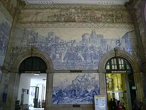 Interior of the São Bento railway station, Porto, Portugal, around twenty thousand tiles (551 square meters) installed in the building were created in the 1930s by the painter Jorge Colaço.