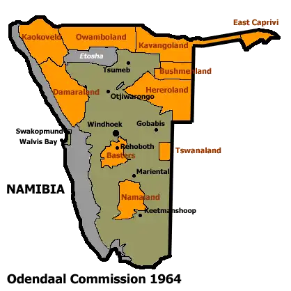 Allocation of land to Bantustans according to the Odendaal Plan, with grey being the Etosha National Park