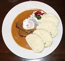 Image 69Svíčková na smetaně (Marinated tenderloin), served here with dumplings and cream (from Czech cuisine)