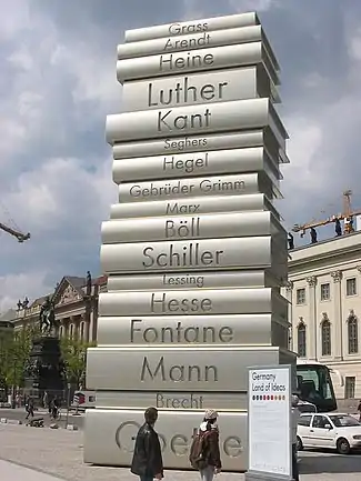 Image 6912-metre-high (40 ft) stack of books sculpture at the Berlin Walk of Ideas, commemorating the invention of modern book printing (from History of books)