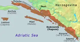 Borders of the Republic of Ragusa, from 1426 (encompassing also the area labelled "Neum" until 1718)